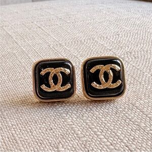 CHANEL Square Black and Gold Logo Earrings